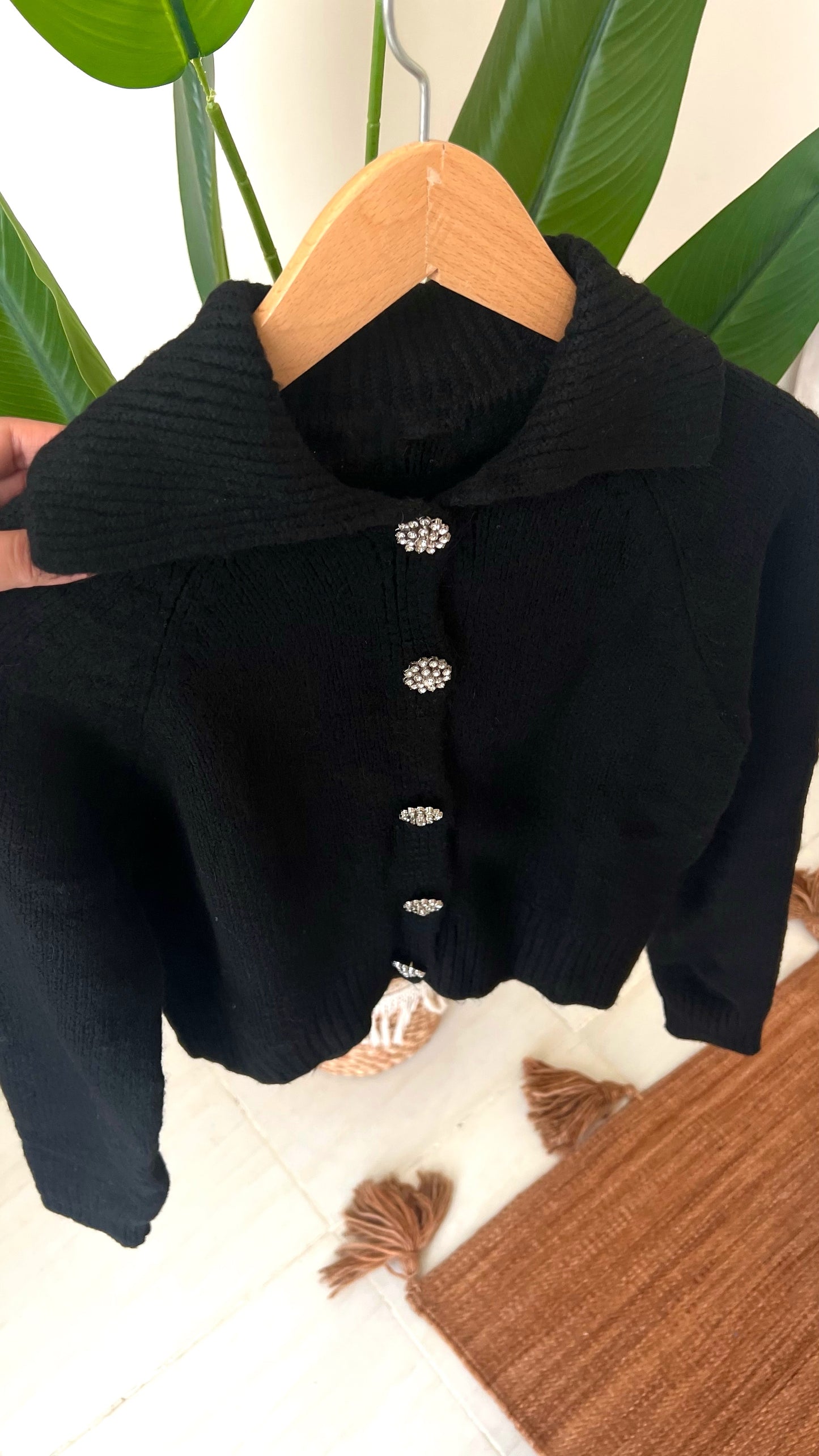 Black Polo Collar Cardigan With Rhinestone Buttons
