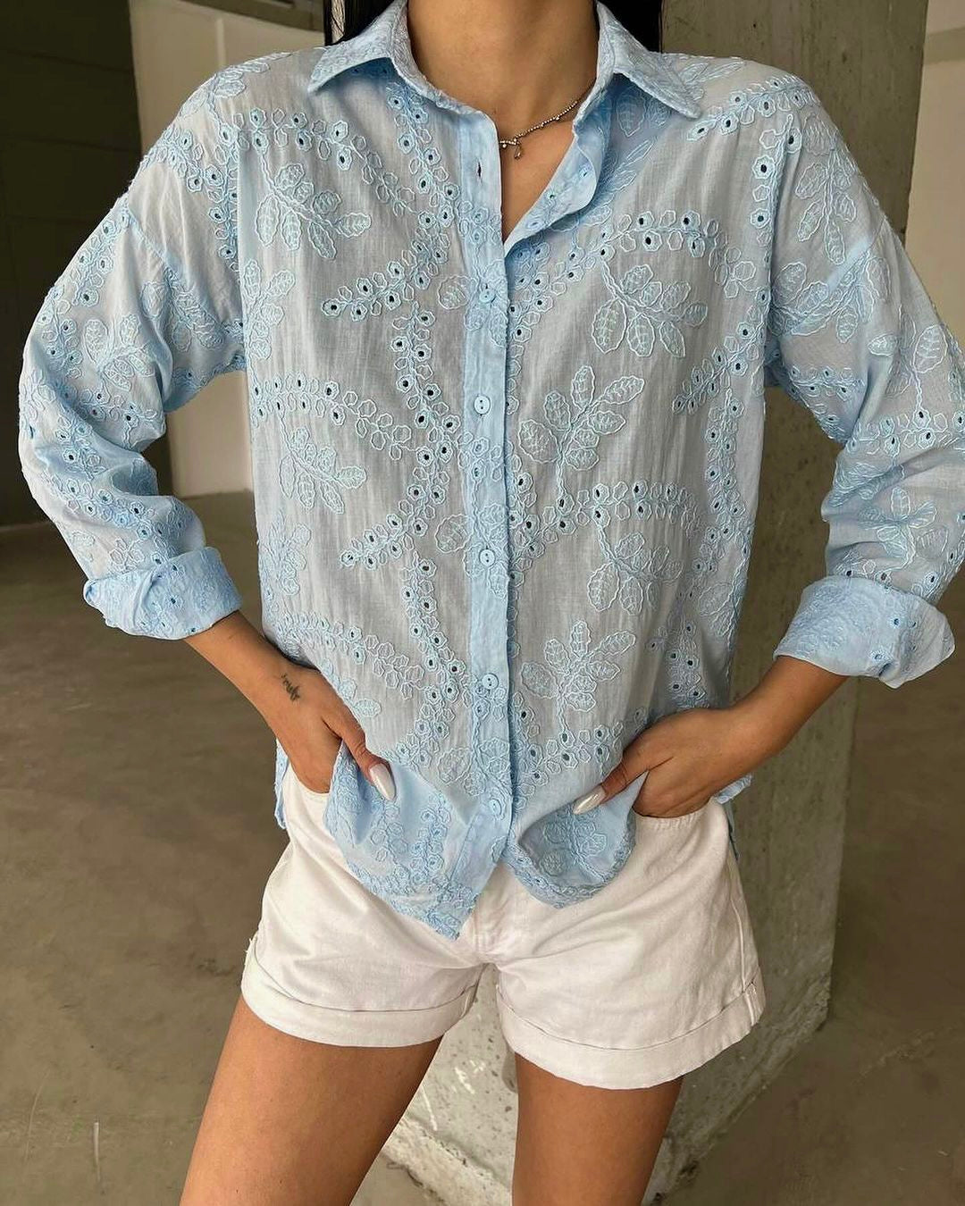 Embroidered Cut Out Blue Regular Fit Shirt