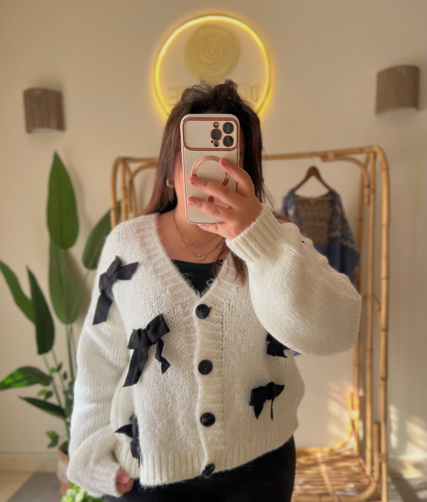 Off White Cardigan With Bow Details