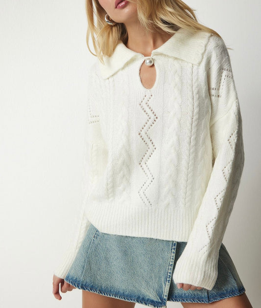 White Braided Pullover With Pearl Button