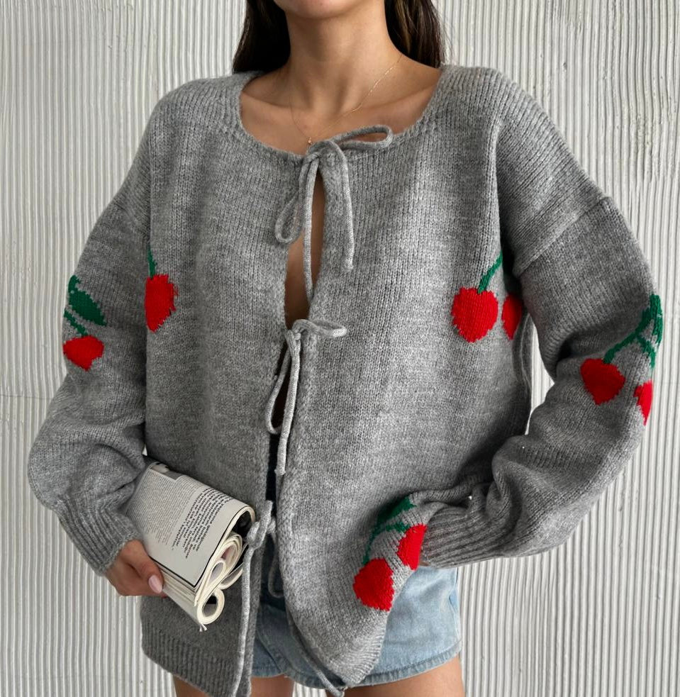 Cherry Grey Cardigan With Tie Front Details