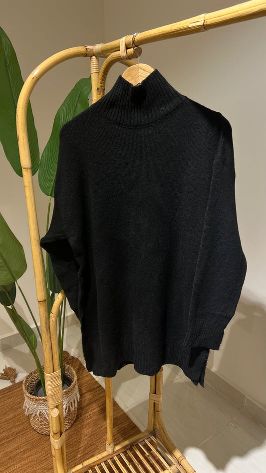 Black Turtleneck Long Pullover With Slits