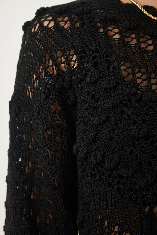Crochet Pompom Black Top