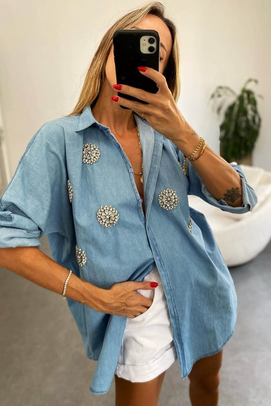 Handmade Embroidered Stones Jeans Shirt