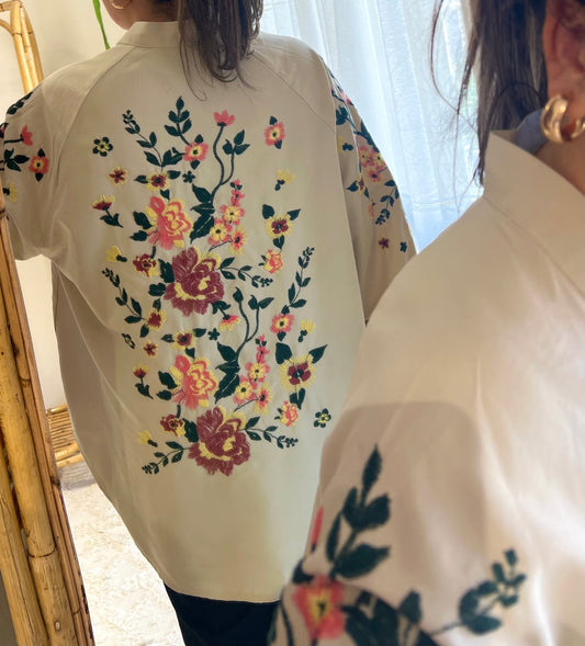 Embroidered Floral Beige Kimono