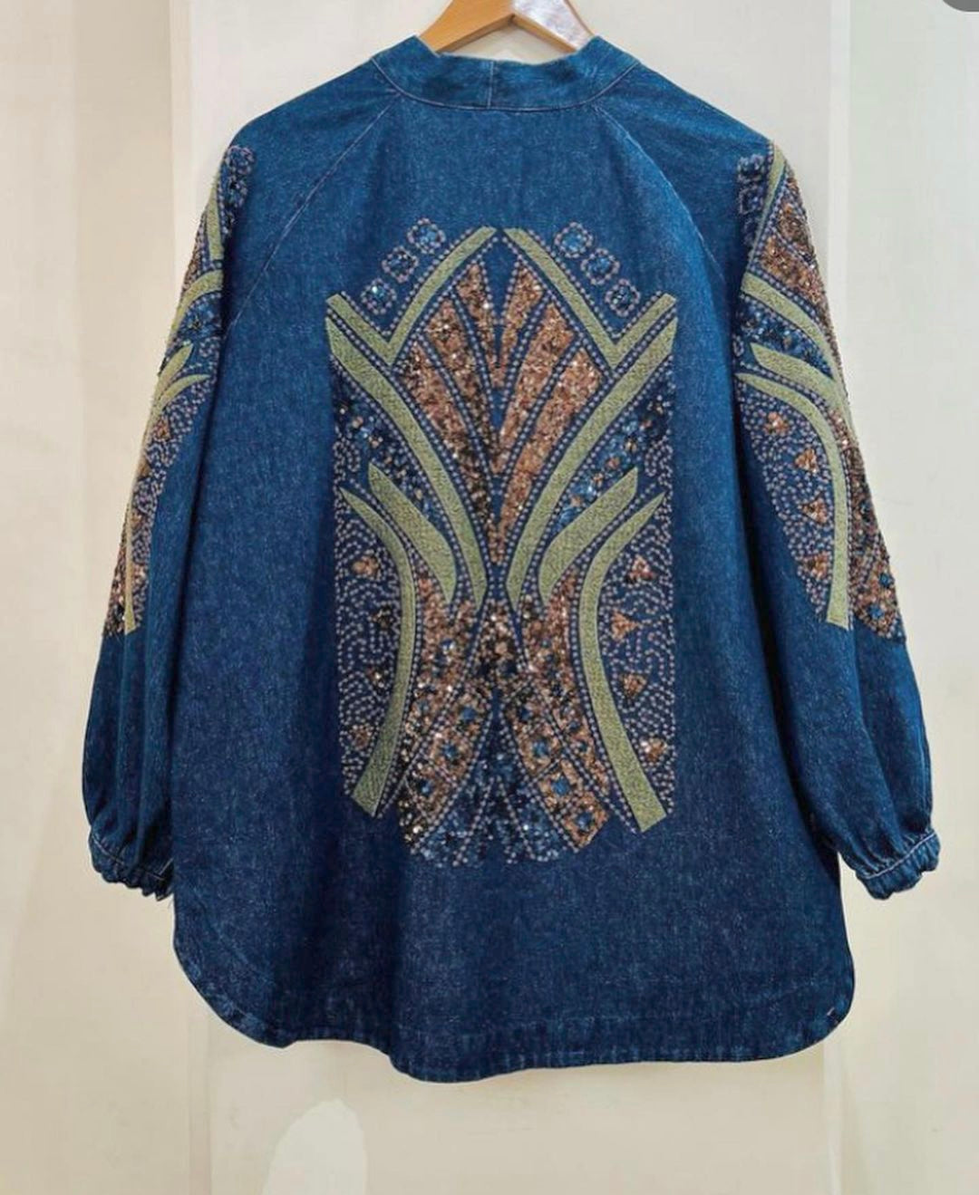Dark Blue Embroidered Sequin Kimono