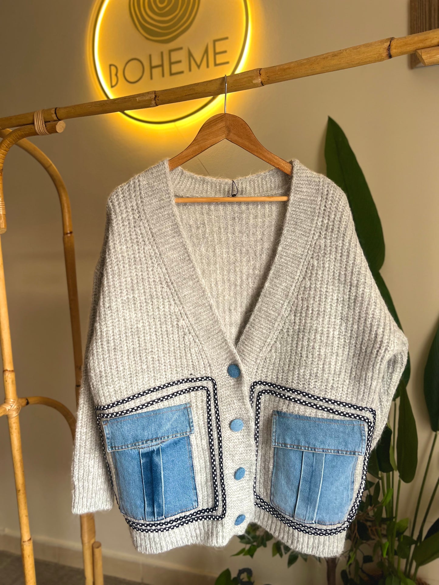 Grey Triko X Denim Cardigan With Pockets