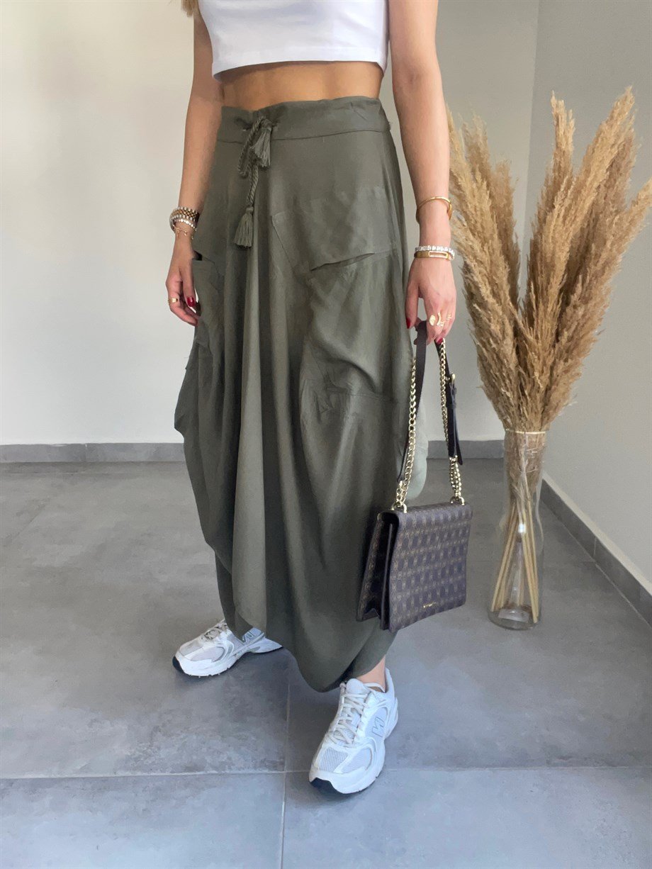 Khaki-Olive Boho Wide Skirt With Tassels