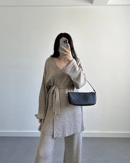 Beige Triko Kimono Set With Belt