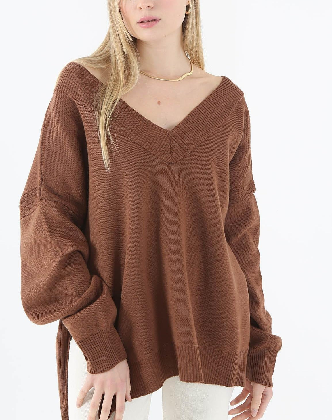 Chocolate Brown V Neck Pullover With Side-Slit