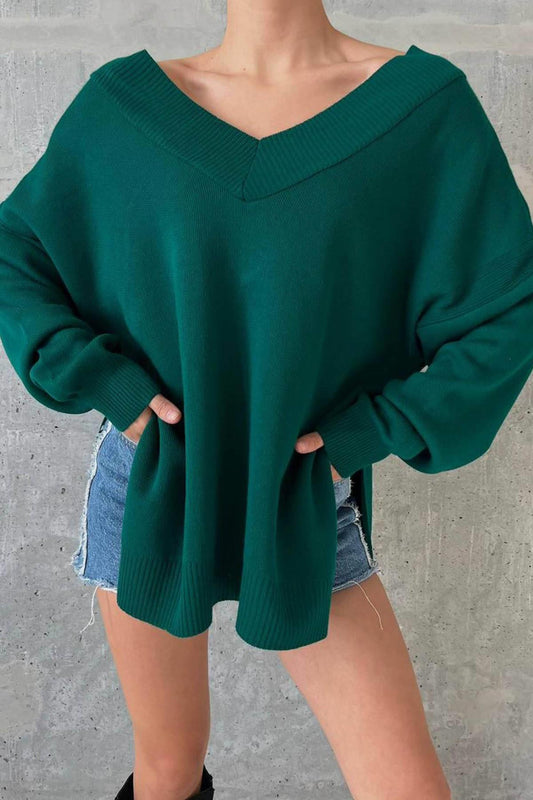 Teal Green V Neck Pullover With A Side-Slit