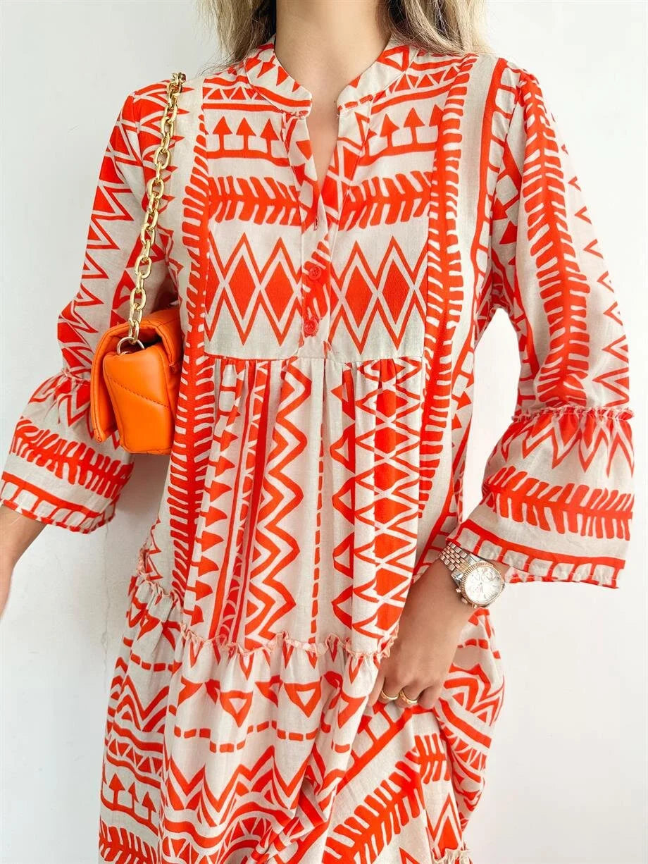 Orange x White Boho Button Dress
