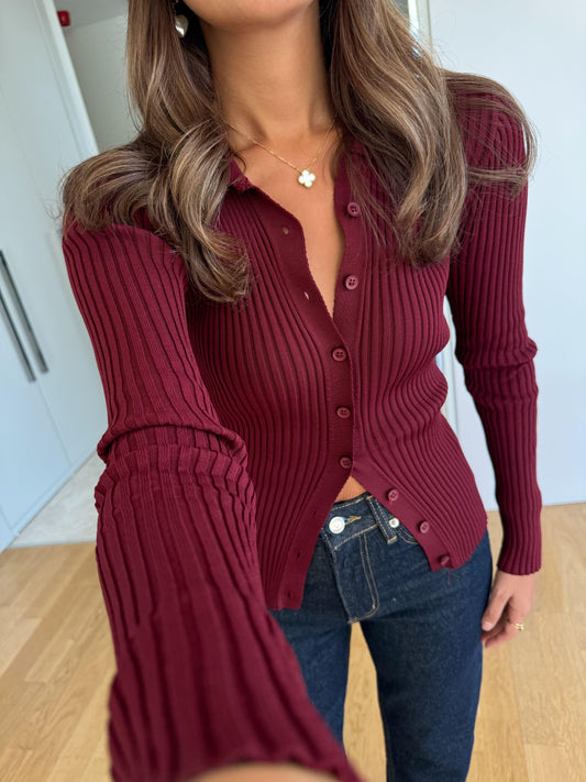 Burgundy Buttons Ribbed Basic Cardigan