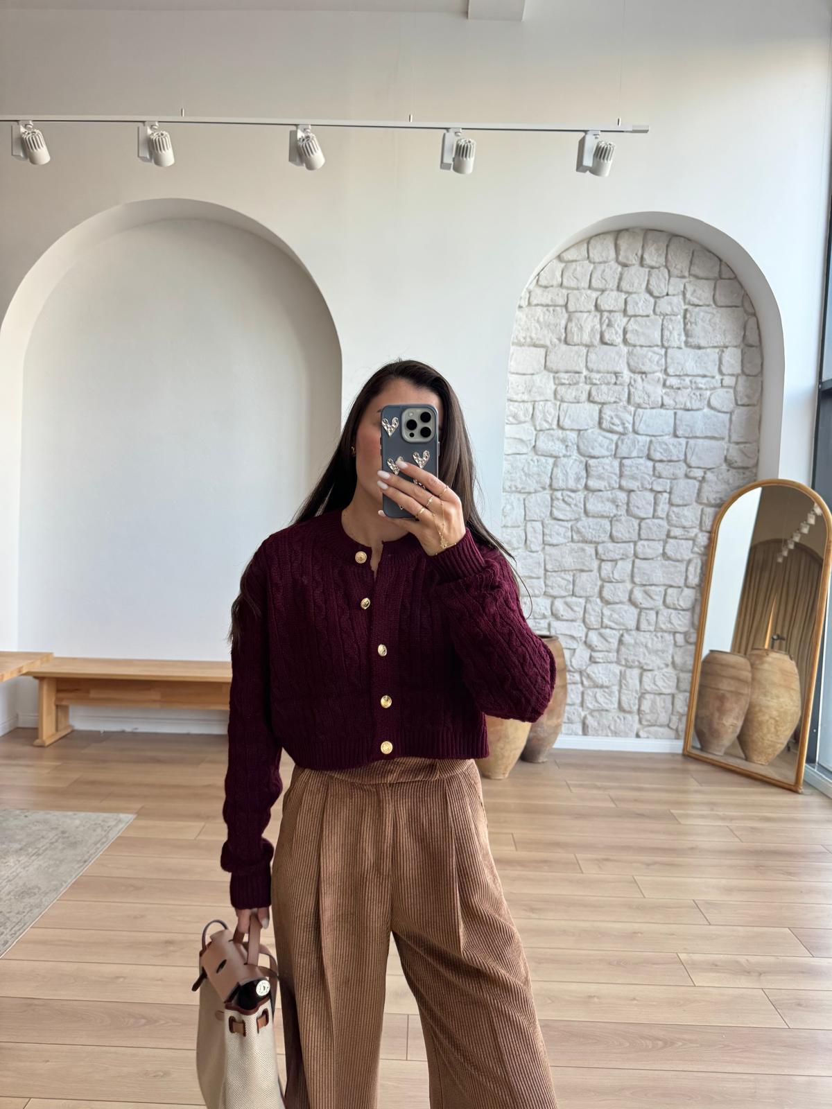 Burgundy Braided Cardigan With Golden Buttons