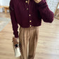 Burgundy Braided Cardigan With Golden Buttons