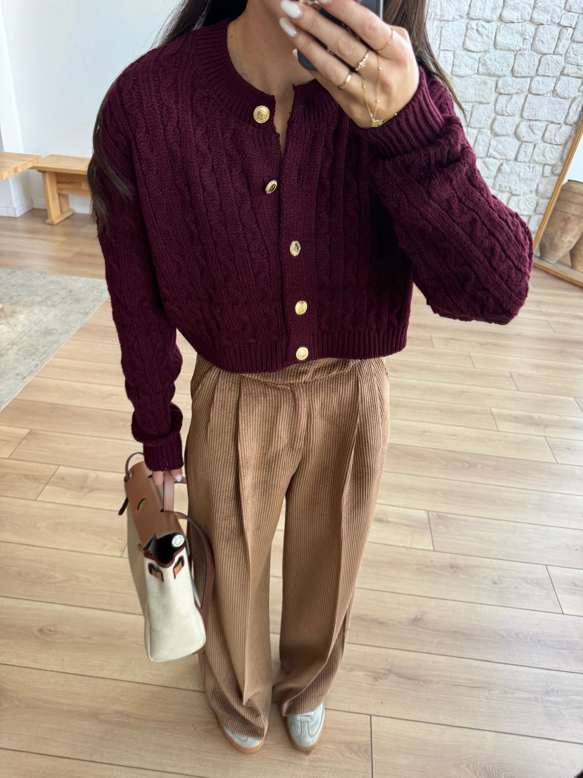 Burgundy Braided Cardigan With Golden Buttons