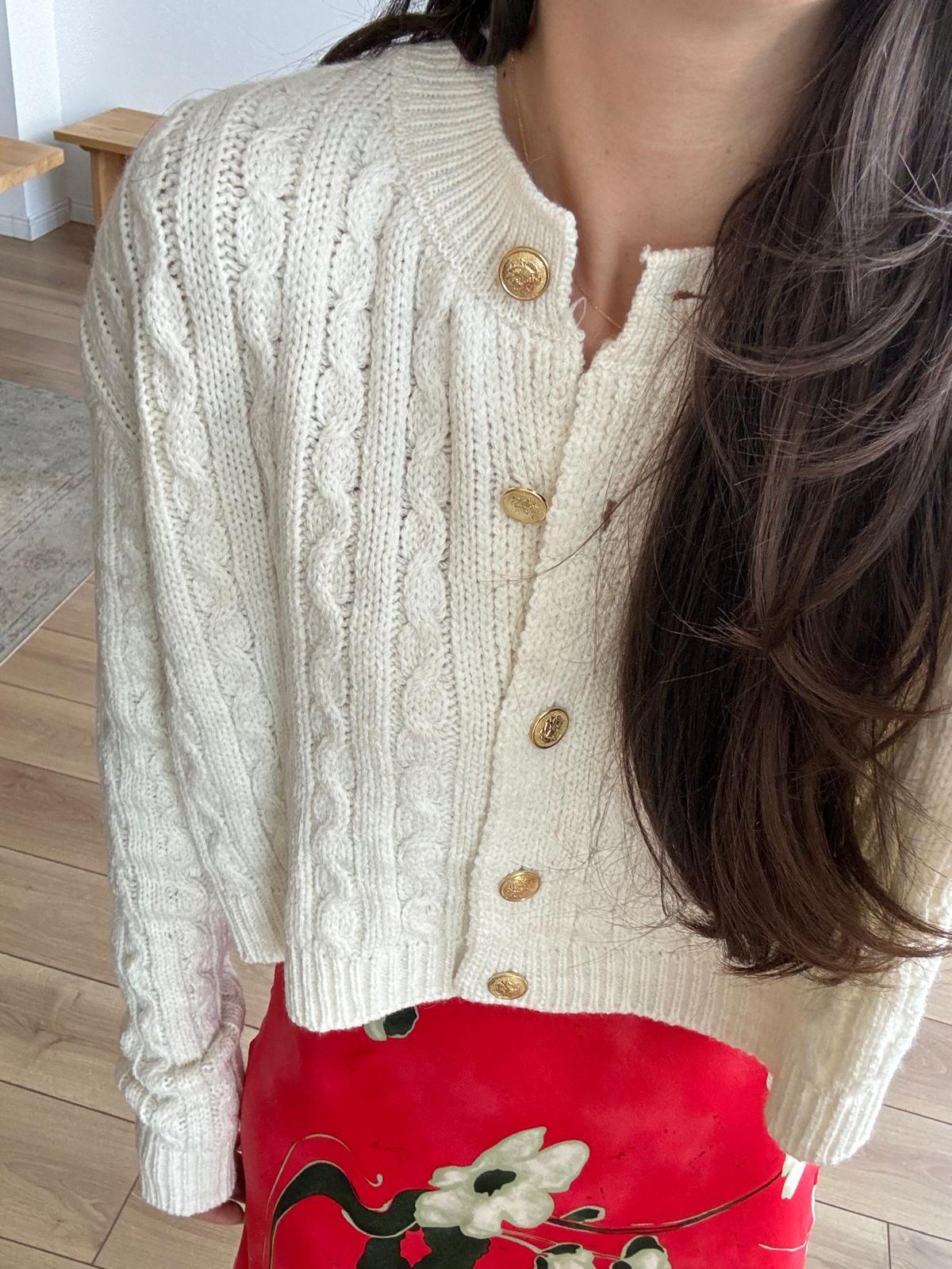 Cream Braided Cardigan With Golden Buttons