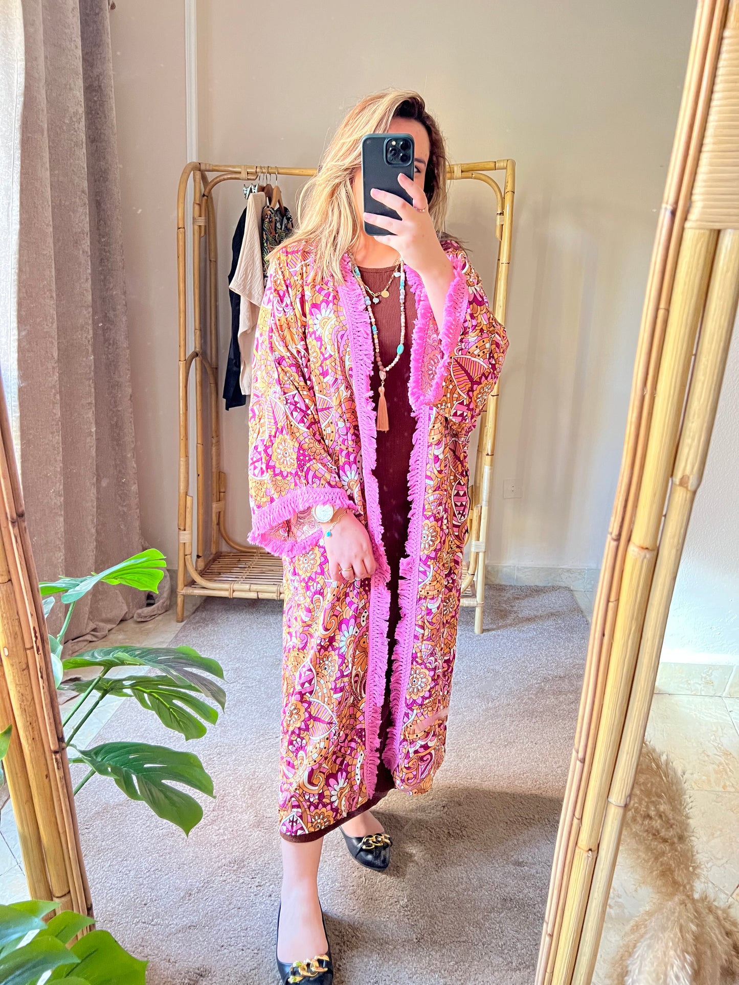 Pink Patterned Fringe Kimono