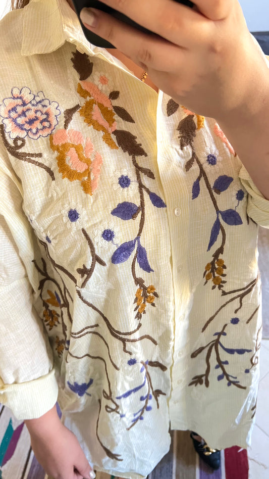 Embroidered Floral Striped Yellow Shirt