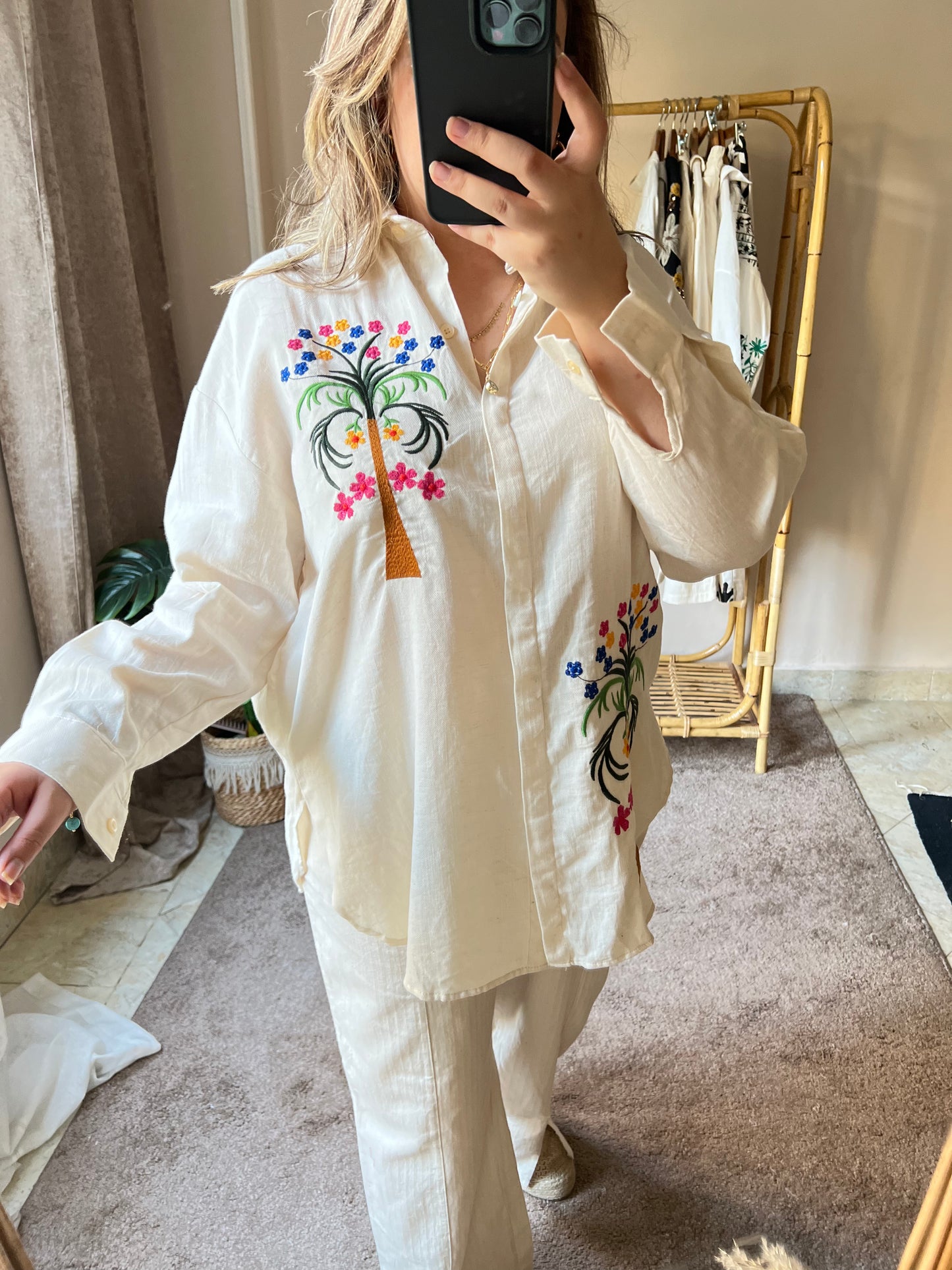 Embroidered Palm Linen Oversized Shirt