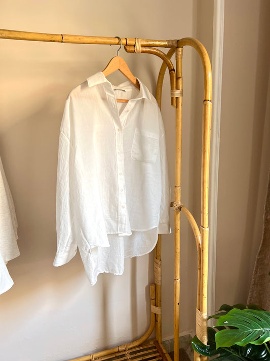 White Linen High Low Shirt