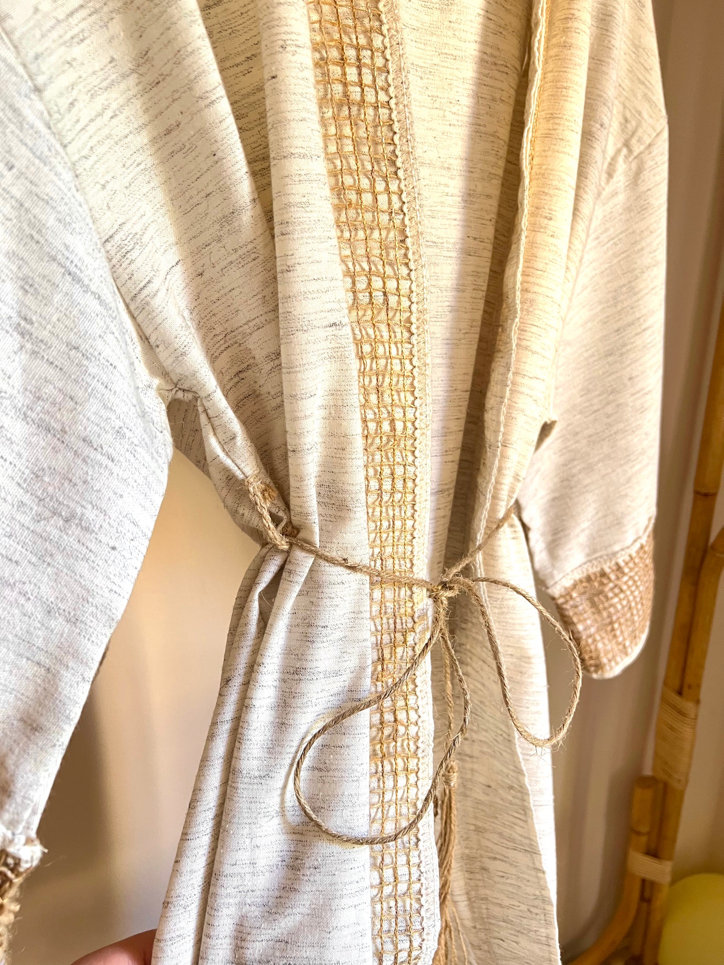 Linen Straw Detail Belted Kimono