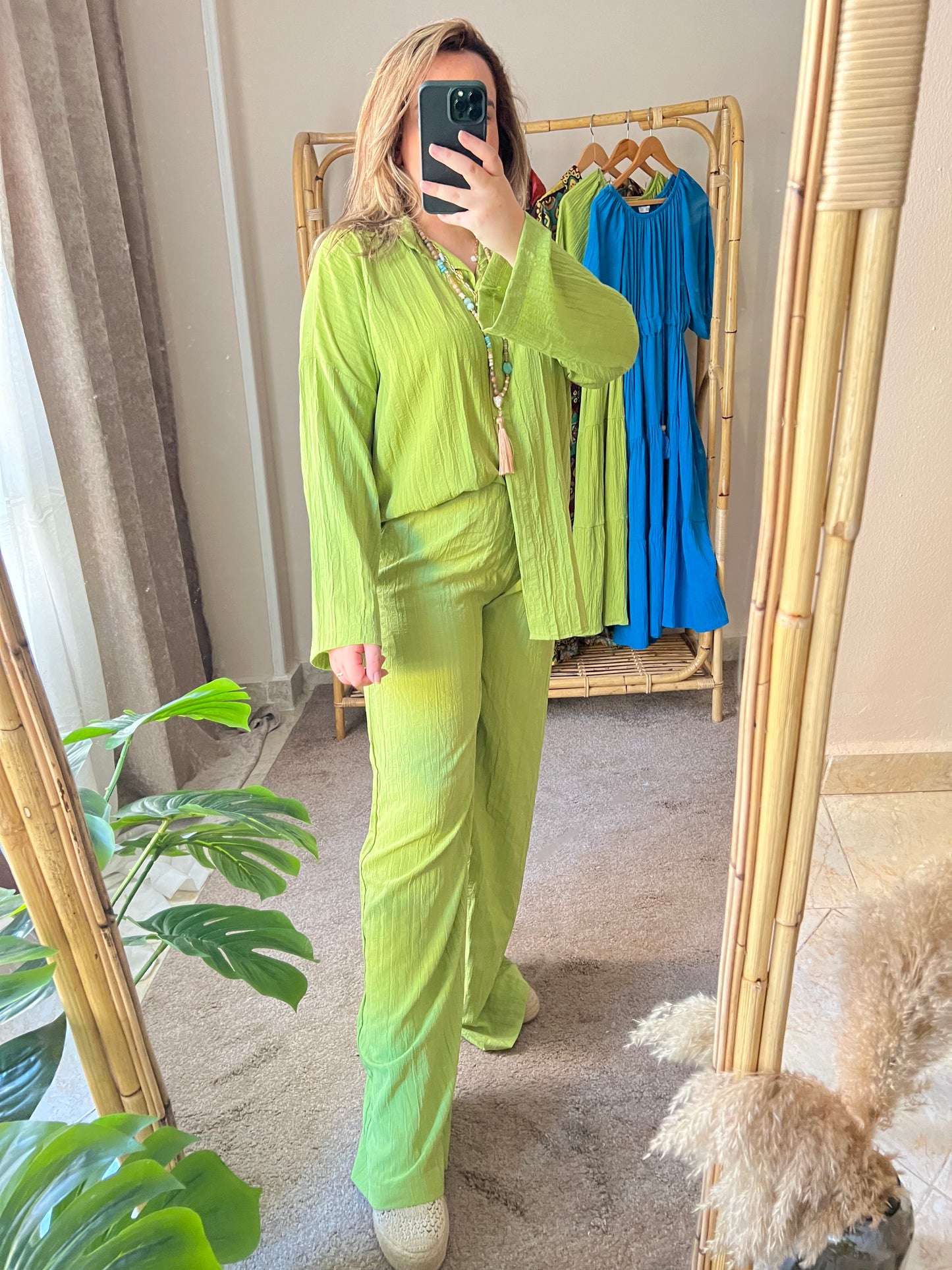 Lime Green Crinkled Shirt Set