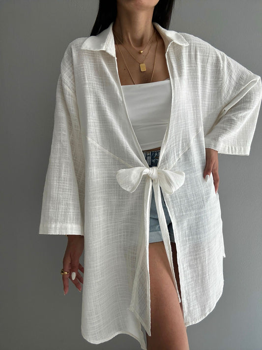 White Linen Tie Kimono