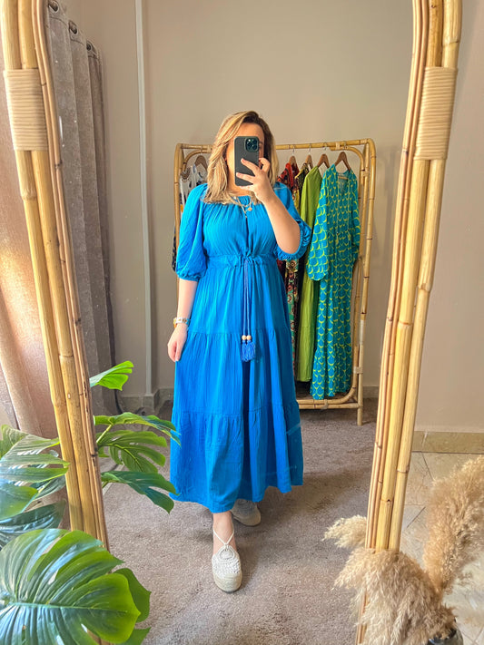 Azure Blue Off shoulder Tasseled Dress