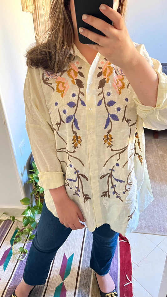 Embroidered Floral Striped Yellow Shirt