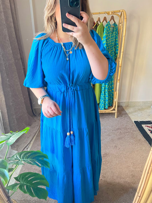 Azure Blue Off shoulder Tasseled Dress