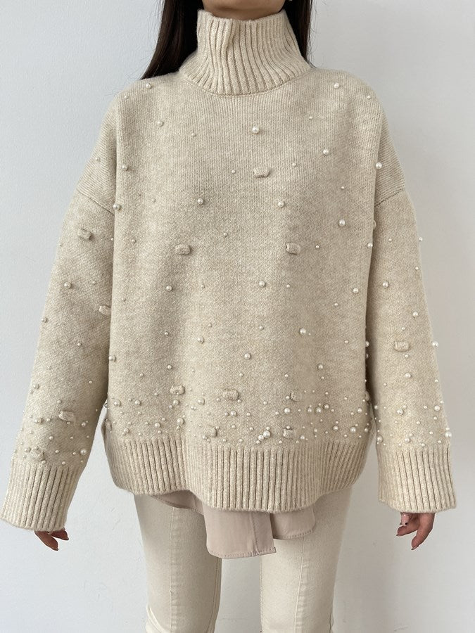 Beige Pearl Pompom Pullover