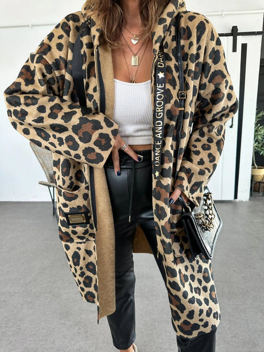 Leopard Zipper Hooded longline Jacket