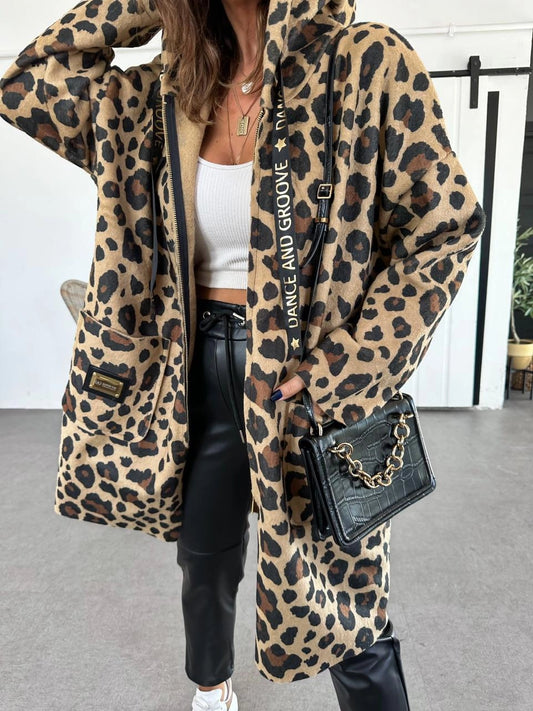 Leopard Zipper Hooded longline Jacket