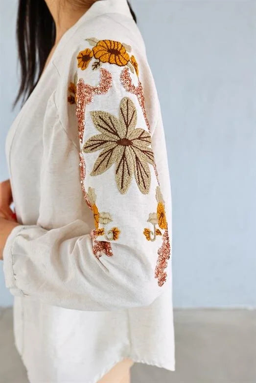 Cream Floral Embroidered Linen Kimono