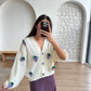 Cream X Purple Embroidered Triko Cardigan