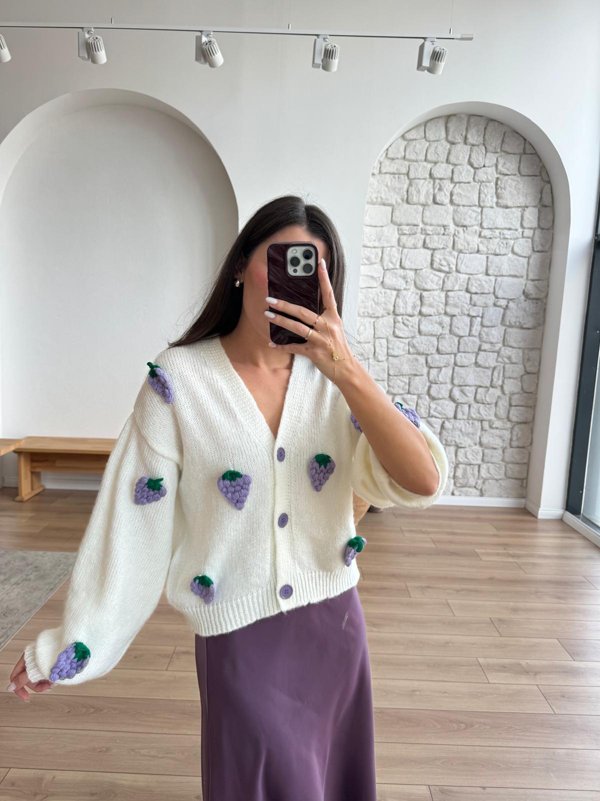 Cream X Purple Embroidered Triko Cardigan