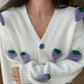 Cream X Purple Embroidered Triko Cardigan