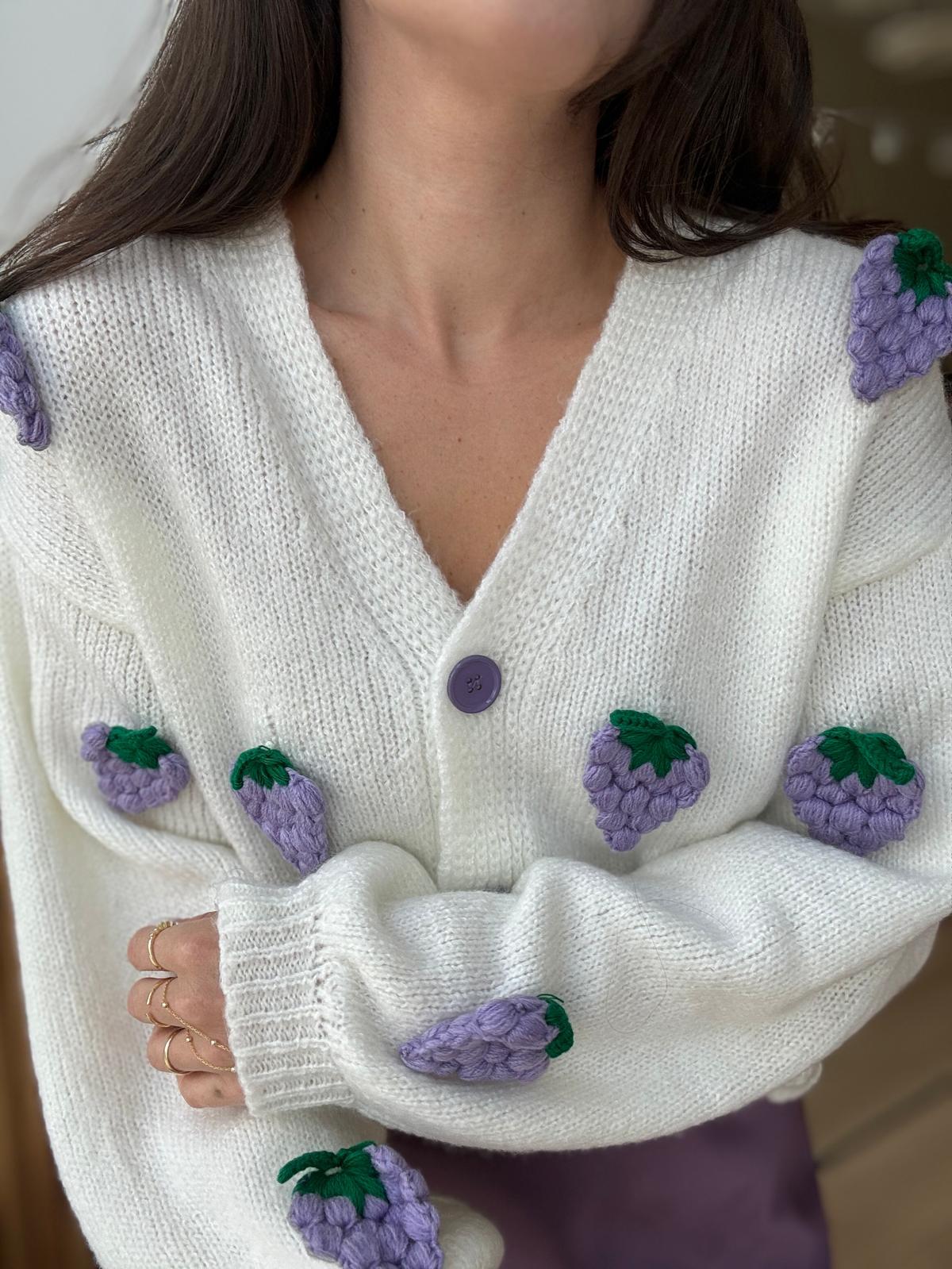 Cream X Purple Embroidered Triko Cardigan