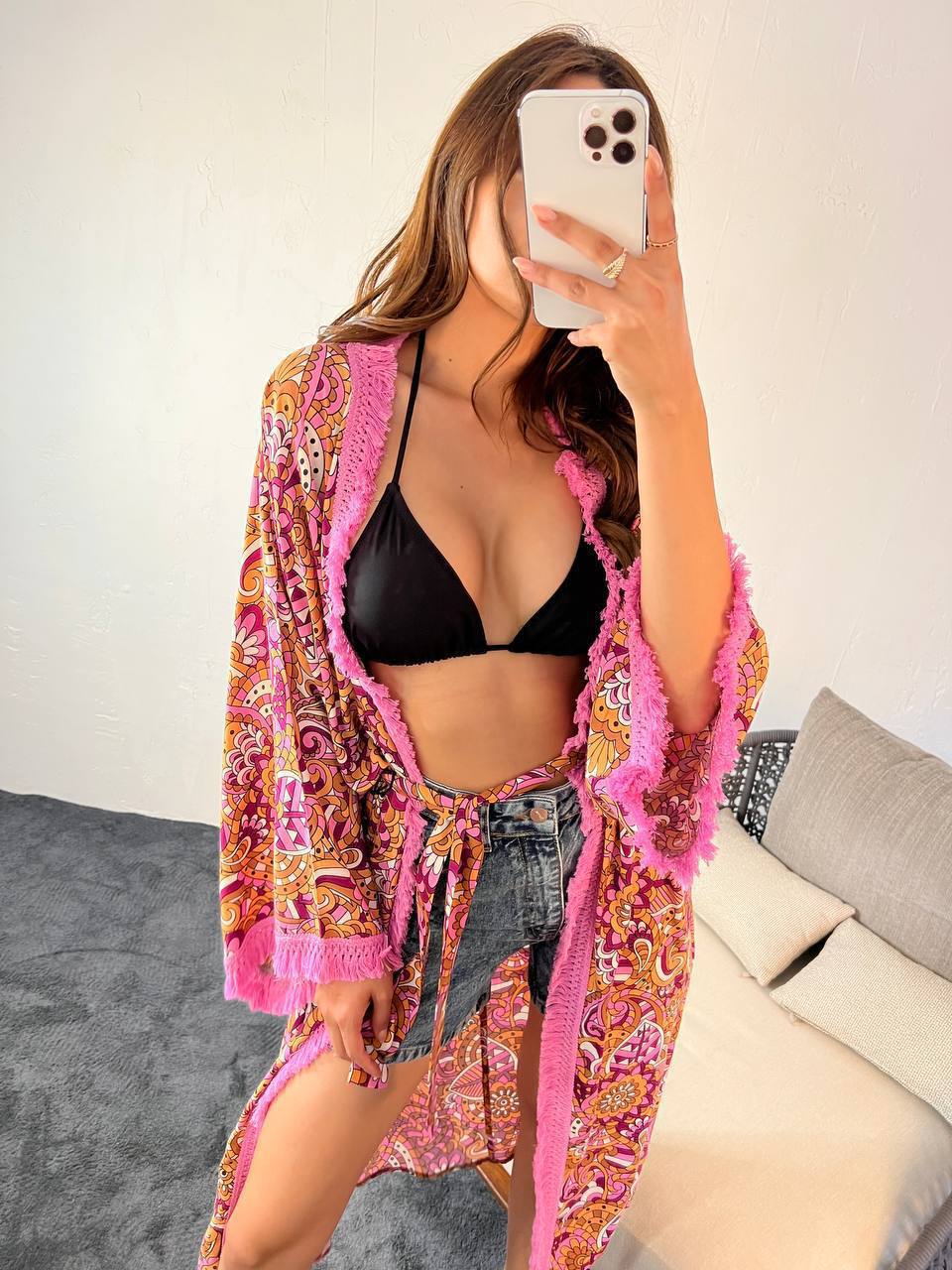 Pink Patterned Fringe Kimono