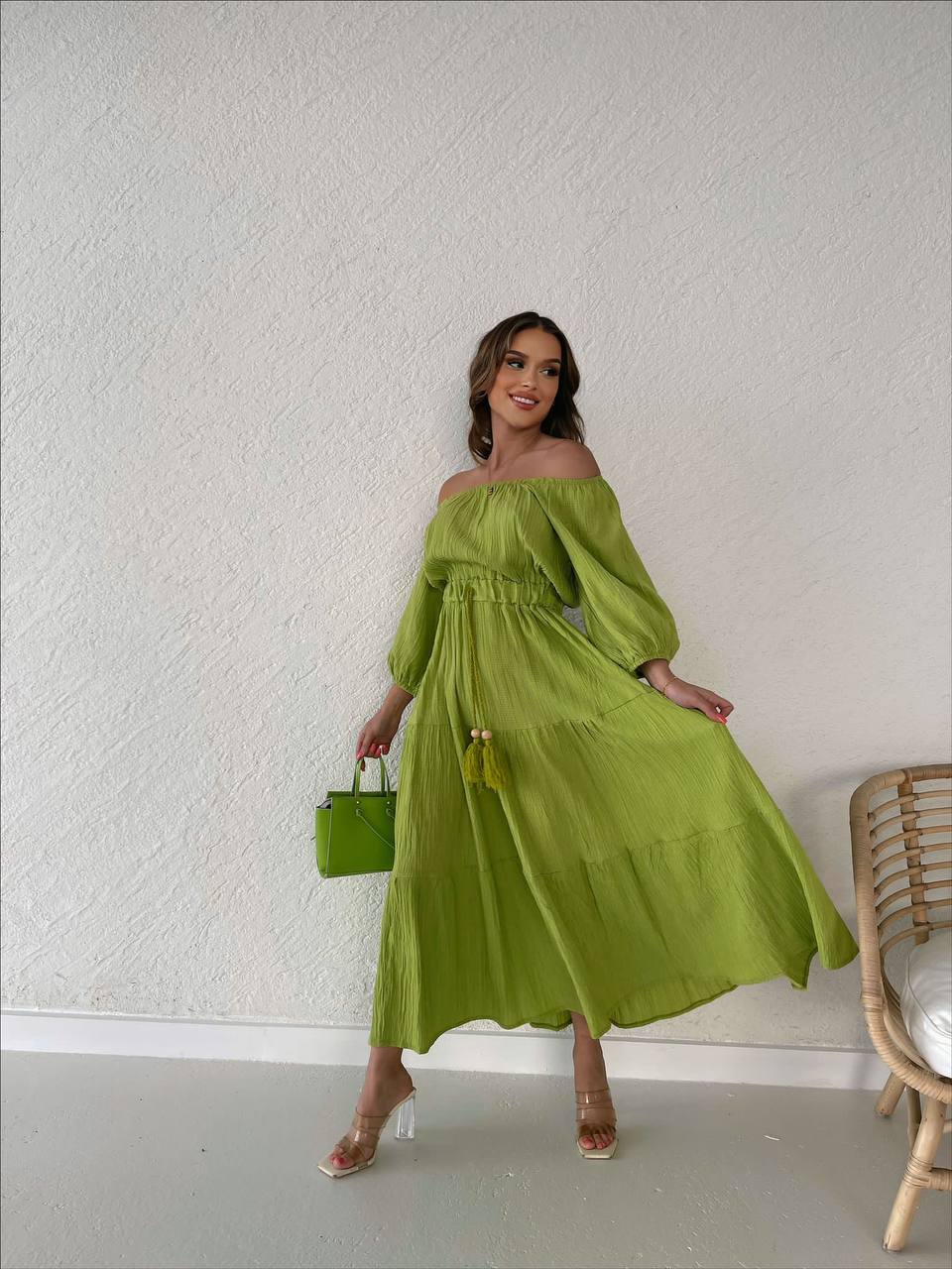 Lime Green Off shoulder Tasseled Dress