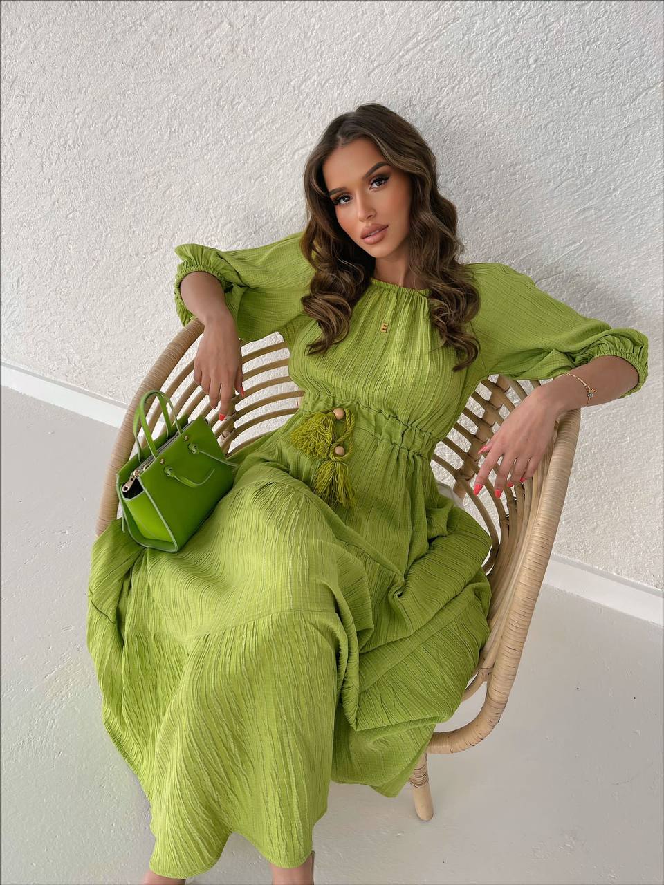 Lime Green Off shoulder Tasseled Dress