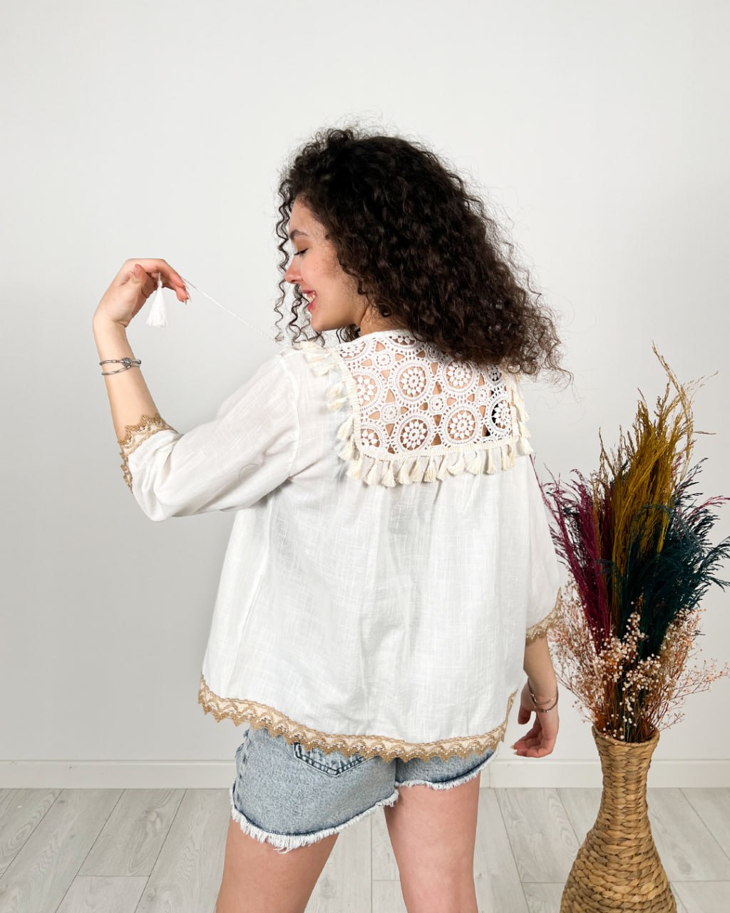 White Crochet Brown Detail Cardigan