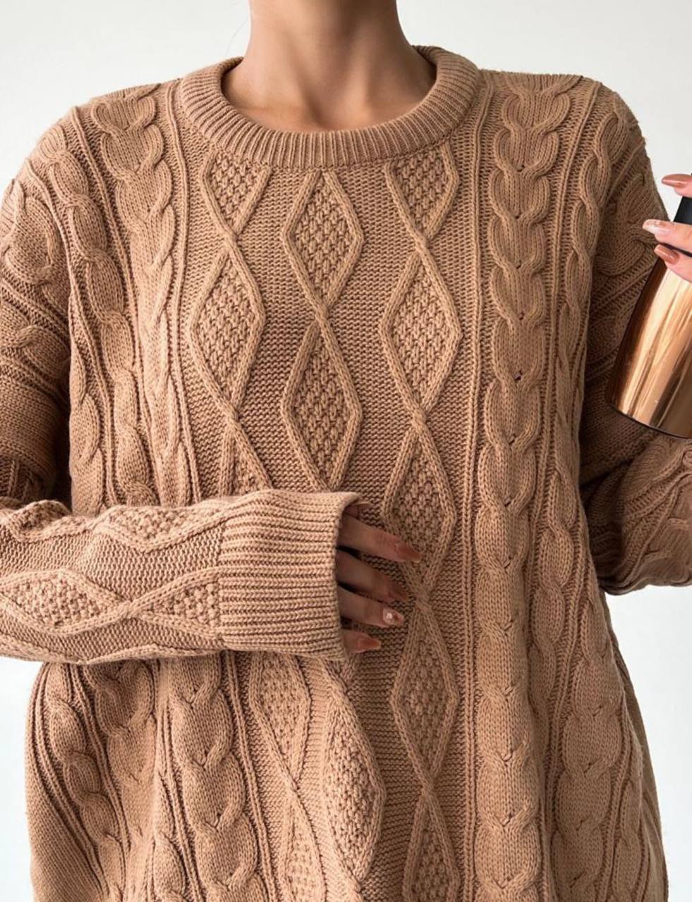 Caramel Braided Knitted Round Neck Pullover