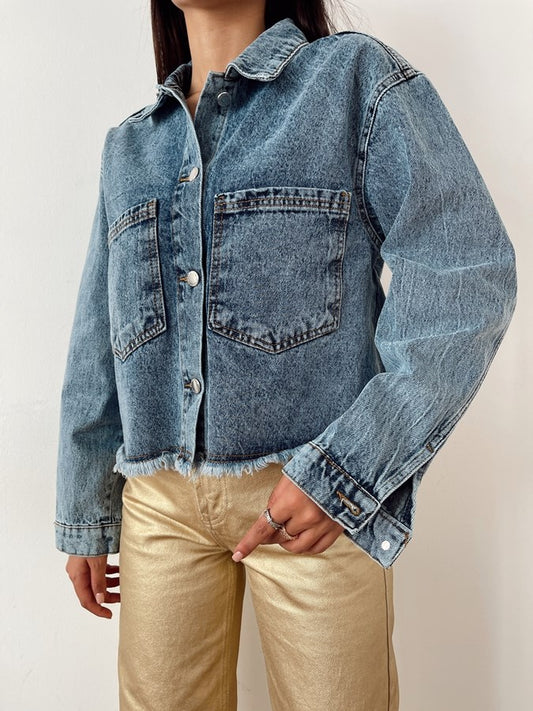 Cropped Double Pocket Blue Jeans Jacket