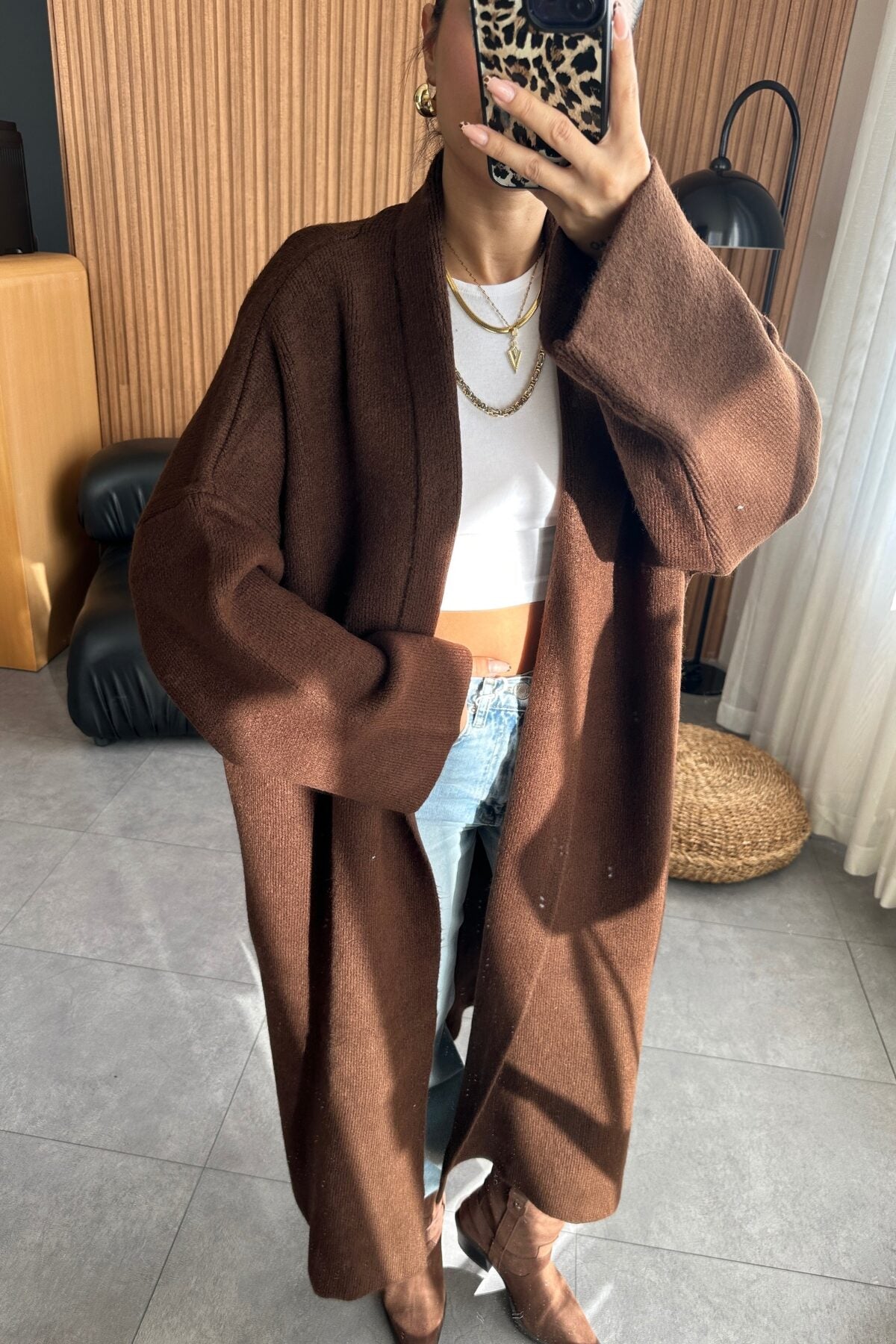 Brown Heavy Longline Coat Cardigan