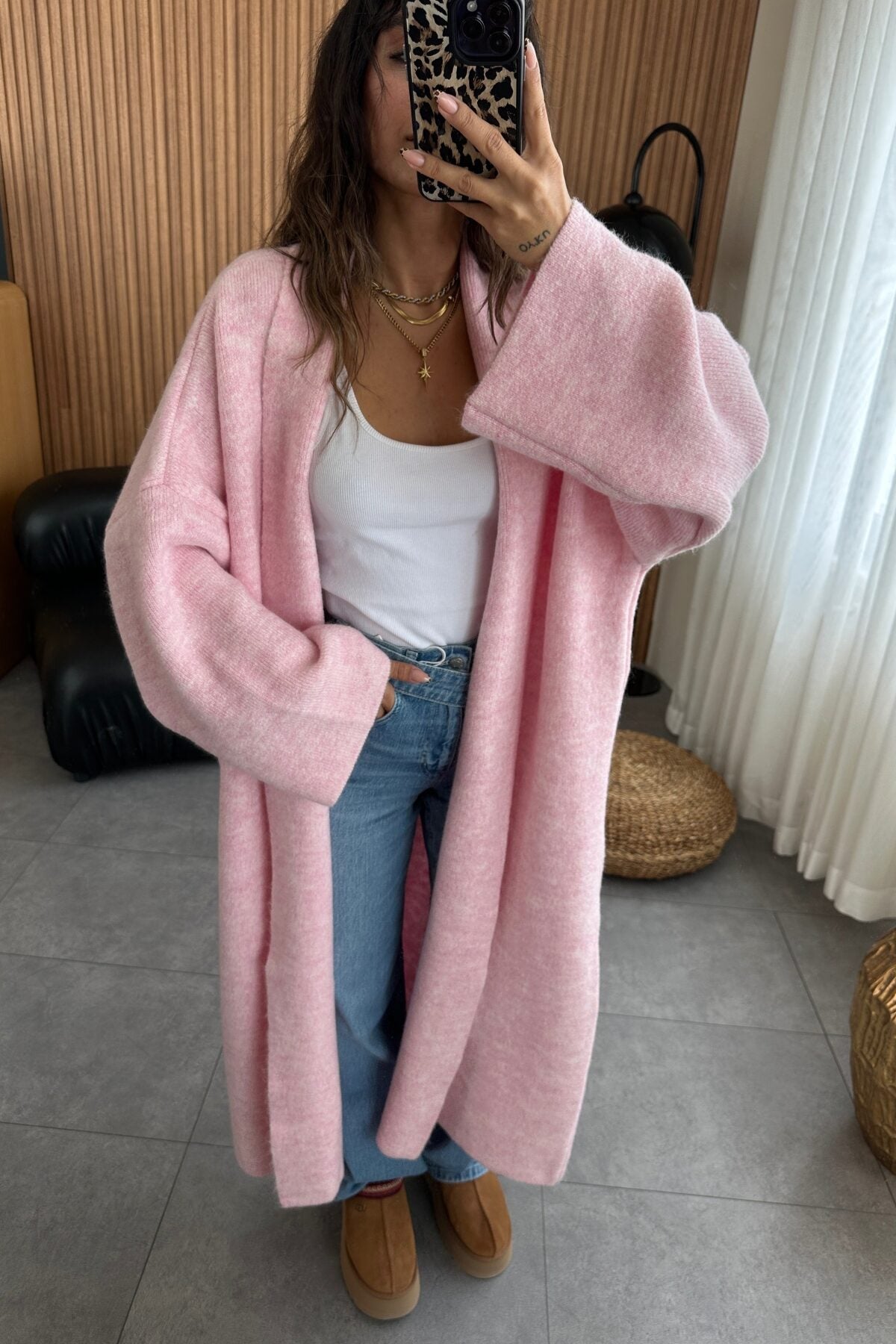 Baby Pink Heavy Wool Longline Cardigan