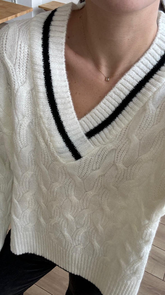 Cream Striped V Neck Pullover