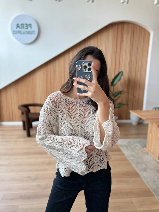 Off White Crochet Top With Bell Sleeves