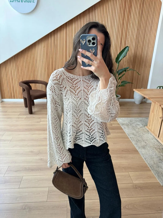Off White Crochet Top With Bell Sleeves